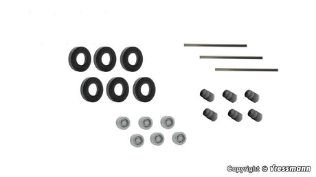 Replacement Rubber Tires for Kibri Semi Trailers -- 6 Tires, 6 Hubs, 6 Bushings, 3 Steel Axles