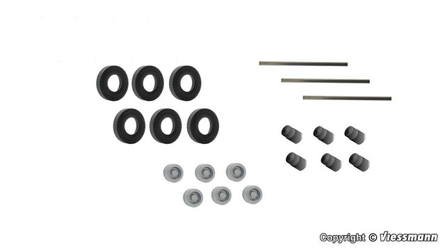 Replacement Rubber Tires for Kibri Semi Trailers -- 6 Tires, 6 Hubs, 6 Bushings, 3 Steel Axles
