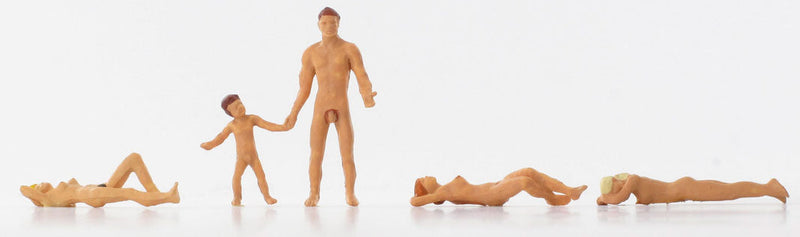 Pedestrian Figure Set -- Nude Sauna Visitors (3 Reclining Women, 1 Man, 1 Child)