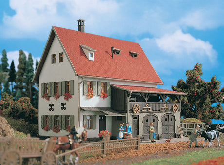 2-Story Stucco Farmhouse w/Shed/Garage - Kit (Plastic) -- 6-11/16 x 4-3/4 x 4-3/4"  17 x 12 x 12cm