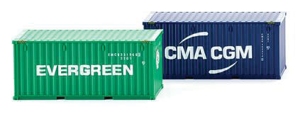 20' Corrugated Intermodal Container Set - Ready to Run -- 1 Each Evergreen (green) & CMA CGM (blue)