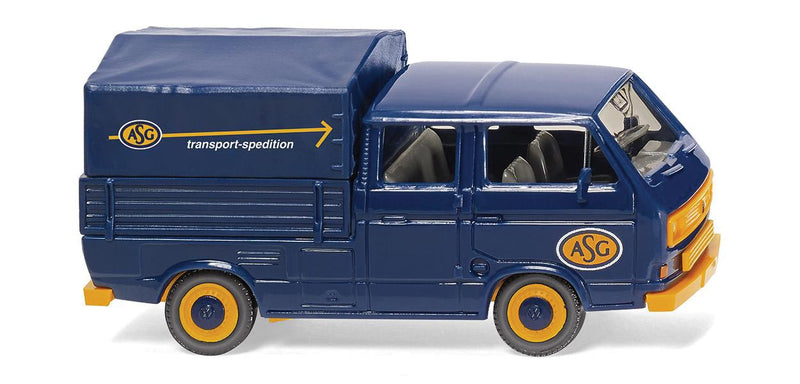 Volkswagen T3 Crew-Cab Pickup Truck with Canvas Cover - Assembled -- ASG (blue, yellow, German Lettering)