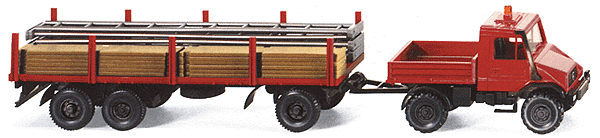 European Trucks - Unimog -- U 140 Flatbed w/3-Axle Trailer & Scaffolding (red)