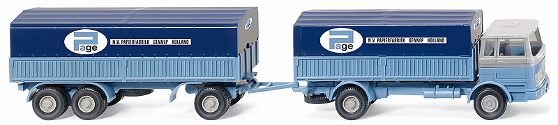 Mercedes-Benz LP 1620 Low Side Truck w/Trailer & Tarp Covers - Assembled -- Page (2-Tone Blue, gray, German Lettering)