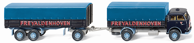 MAN Pausbacke Truck w/Low-Side Trailer - Assembled -- With Tarp Cover, Freyaldenhoven (black, red, blue tarp)