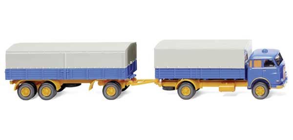 1960-1967 MAN Pausbacke Low-Side Truck with Trailer and Canvas Covers - Assemb -- Blue, Yellow