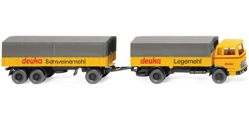 1963-1967 Mercedes-Benz 1620 Low-Side Delivery Truck with Trailer - Assembled -- Deuka (yellow, red, gray, German Lettering)