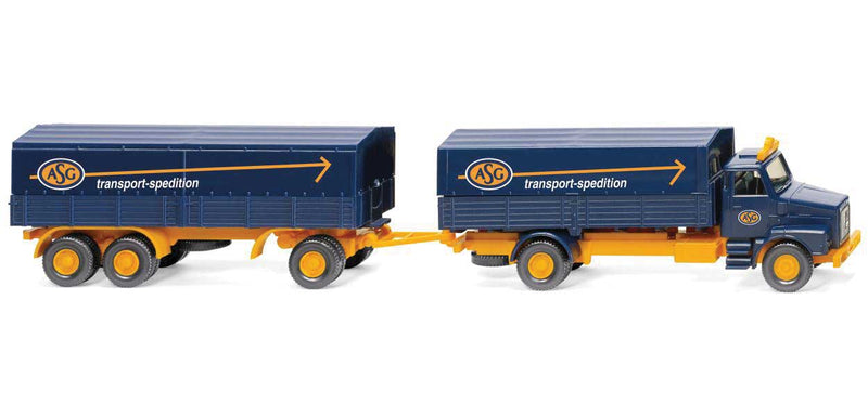 1973-1985 Volvo Low-Side Truck with Trailer - Assembled -- ASG (blue, yellow, German Lettering)