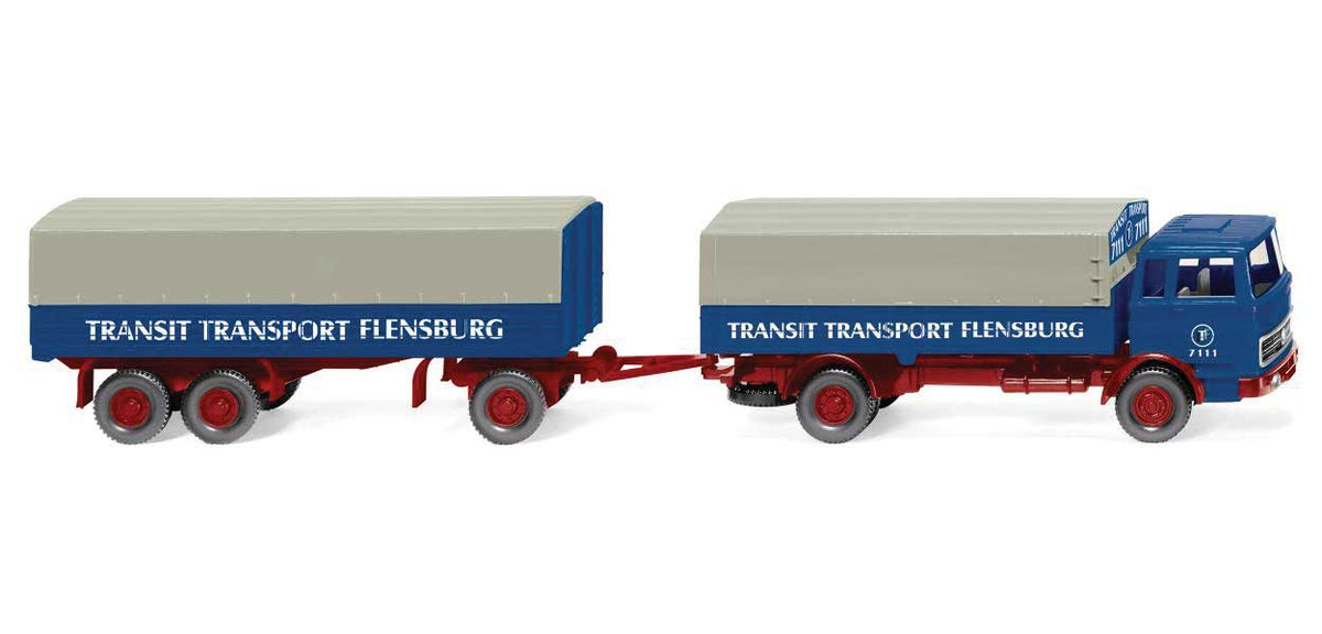 1972-1973 Mercedes-Benz Low-Side Truck with Trailer - Assembed -- Transit Transport (blue, red, German Lettering)