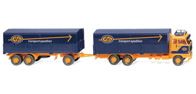 Volvo F89 Covered Low-Side Truck and Trailer - Assembled -- ASG (blue, orange, German Lettering)
