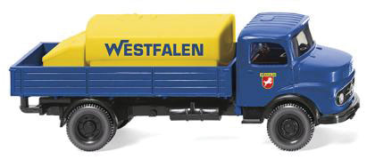 1963 Mercedes-Benz Low-Side Delivery Truck w/Tank Load - Assembled -- Westfalen (blue, yellow, German Lettering)