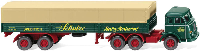 1955-1961 Henschel HS 165 T Tractor with Covered Low-Side Trailer - Assembled -- Schulze (green, red, taupe, German Lettering)
