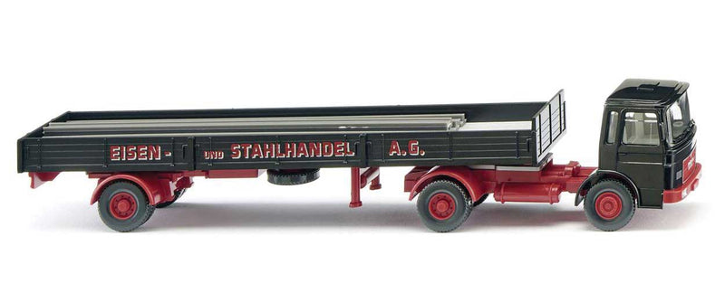 1966 MAN Tractor with Low-Side Trailer and Steel Load - Assembled -- Eisen and Stahlhandel Co. (black, red, German Lettering)