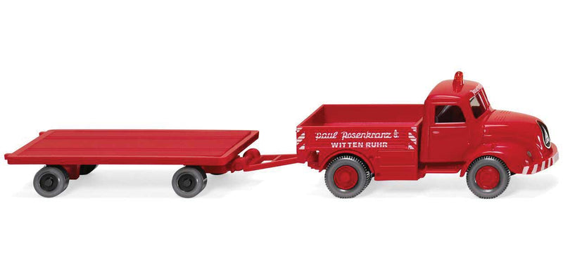 1956-1961 Magirus S 3500 Heavy-Duty Truck with Flatbed Trailer - Assembled -- Rosenkranz Rundhauber (red, white, German Lettering)