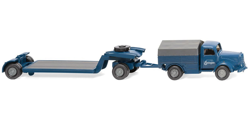 1952-1959 Mercedes-Benz L 5000 Low-Side Truck with Lowboy Trailer - Assembled -- Maschinenfabrik Esslingen (blue, German Lettering)