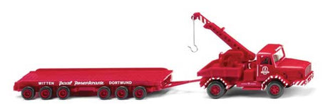 1965-1977 Faun Crane Truck w/Heavy-Duty Flatbed Trailer - Assembled -- Paul Rosenkranz (red, white, German Lettering)