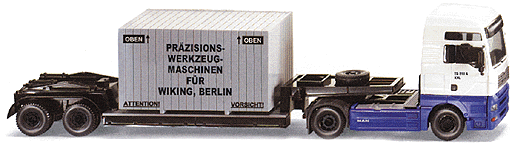 European Trucks - Tractor/Trailer - MAN TG-A XXL 2-Axle Cabover -- w/Lowboy 2-Axle Flatbed & Crate Load (blue & white cab; black trailer)