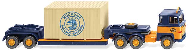 1974 Scania 111 Tractor with Low Boy Trailer, Crate Load - Assembled -- ASG (yellow, blue, German Lettering)