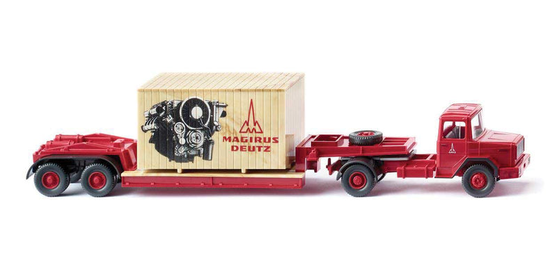 1970-1974 Magirus Deutz Tractor with Low Boy Trailer, Crate Load - Assembled -- Magirus (red, German Lettering)