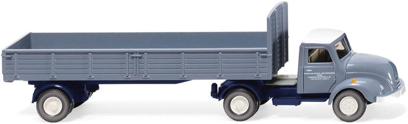 1958-1967 Magirus S 3500 with Low-Side Trailer - Assembled -- Porsche (gray, German Lettering)