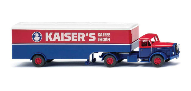 1955-1961 Henschel Tractor with Box Trailer - Assembled -- Kaiser's (blue, red, white, German Lettering)