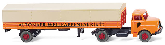 1969 MAN Hauber Tractor w/Low-Side Trailer & Canvas Cover - Assembled -- Altonaer Wellpappenfabrik (orange, German Lettering)