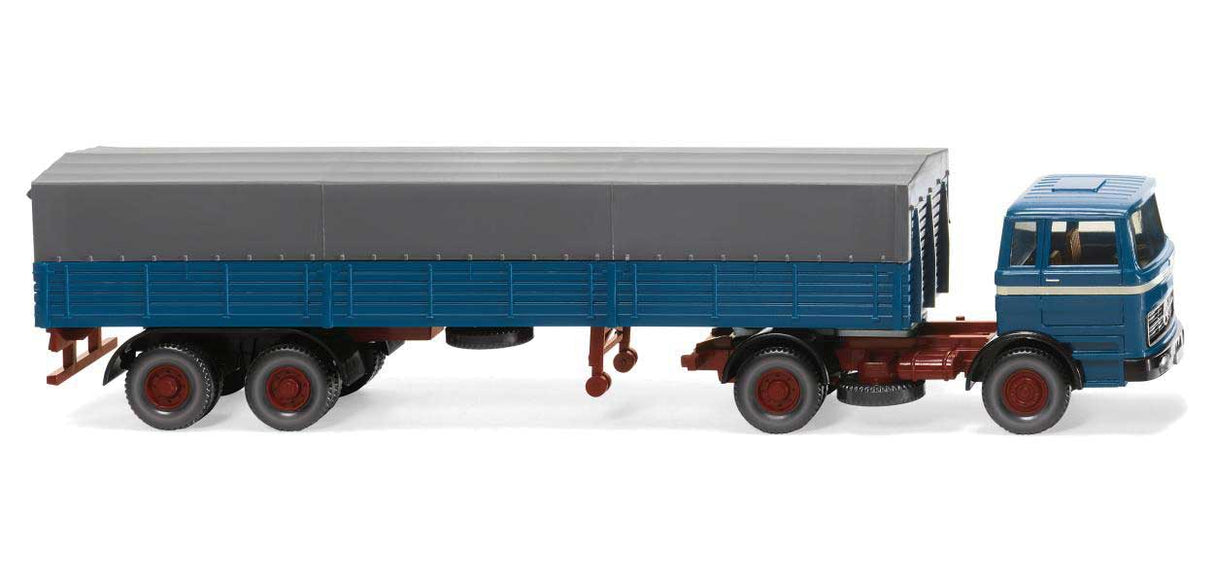 1970-1974 Mercedes-Benz Tractor with Low-Side Trailer - Assembled -- Blue, Red, Gray