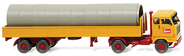 1965 Volvo F88 Tractor w/Low-Side Trailer & Pipe Load - Assembled -- Bolling (yellow, red, German Lettering)