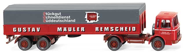 1967-1972 MAN Cab-Over Low-Side Truck with Canvas - Assembled -- Mauler (red, gray, German Lettering)