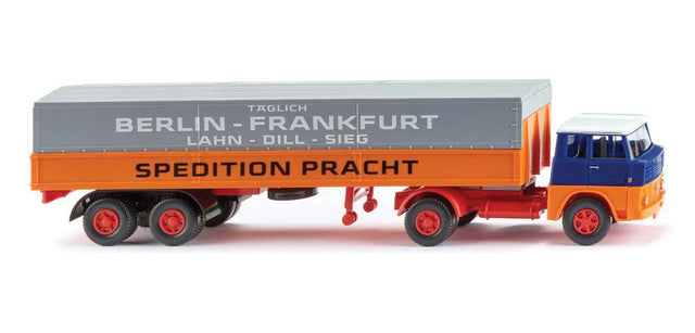 1961-1965 Henschel Tractor with Low-Side Trailer and Tarp - Assembled -- Spedition Pracht (orange, blue, gray, German Lettering)
