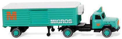 1958 Magirus S 3500 Tractor with Reefer Trailer - Assembled -- Migros (green, white, orange, German Lettering)
