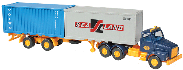 Truck Volvo N10 Tractor w/Articulated Container Trailer & 2 Containers -- ASG (blue, yellow) w/ SeaLand (gray) & Volvo (blue) Containers