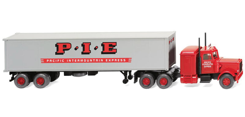 1977-1986 Peterbilt Sleeper-Cab Tractor with 40' Container on Trailer - Assemb -- Pacific Intermountain Express (red, silver)