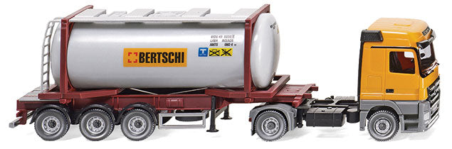 Mercedes-Benz Actros Tractor w/Swap-Body Tank Container on Chassis - Assembled -- Bertschi (yellow, red, silver, German Lettering)