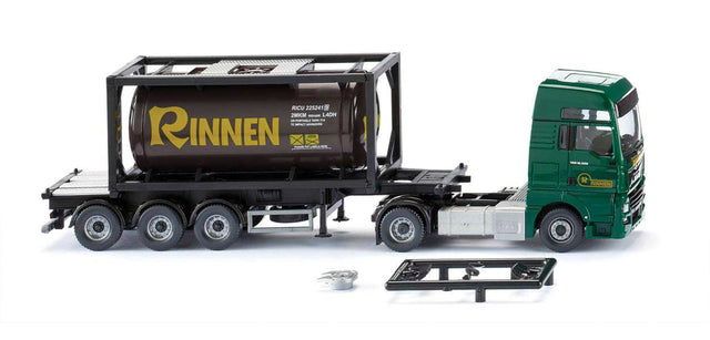 MAN TGX Euro 6c Tractor with Container Chassis and Load - Assembled -- Rinnen (green, black, yellow, German Lettering)
