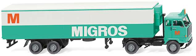 1970s Volvo F89 Tractor with Reefer Trailer - Assembled -- Migros (green, white, orange)