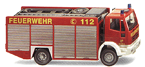 Pumper w/Crew Cab (red, white, silver roll-up doors) -- Eurofire RW 2 Fire Dept. Rescue Truck (red, white, yellow lettering)