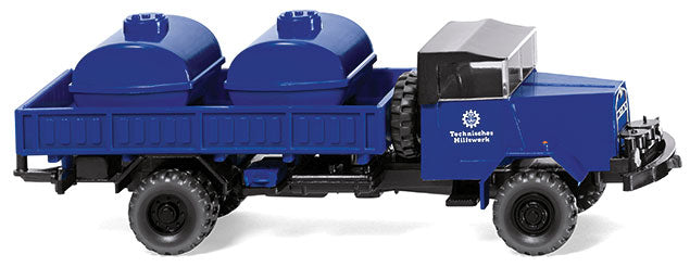1956 MAN 630 Low-Side Truck w/Tank Load - Assembled -- THW (blue, white; German Lettering)
