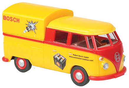 1960s Volkswagen T1 Crew-Cab Pickup Truck - Assembled -- With Bed Cover Bosch (yellow, red, German Lettering)