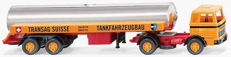 Truck Mercedes-Benz 1620 Tractor w/LPG Tank Trailer -- Transag Suisse (orange, red, chrome, German Lettering)
