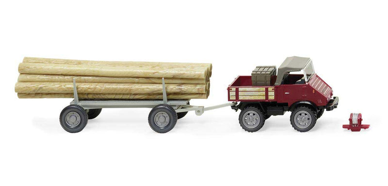 1956-1974 Unimog U 411 with Long Log Trailer - Assembled -- Red, Brown
