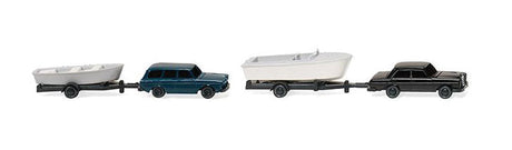 Mercedes-Benz 280, Volkswagen Variant, 2 Boats on Trailers Set - Assembled -- Black, Blue with White Boats