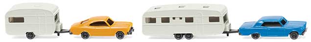Chevrolet Malibu and Opel Rekord Coupe and Camper Trailer Set - Assembled -- Blue and Yellow Autos, White Trailers