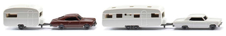 1960s-1970s Sedans & 1 Large and 1 Small Travel Trailer Set - Assembled -- Various Colors