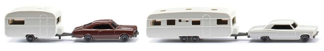 1960s-1970s Sedans & 1 Large and 1 Small Travel Trailer Set - Assembled -- Various Colors