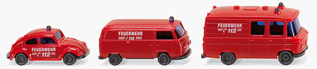 1970s Fire Service Vehicle Set -- Mercedes-Benz RTW, Volkswagen MTW Vans & VW Beetle Elf (red, German Lettring