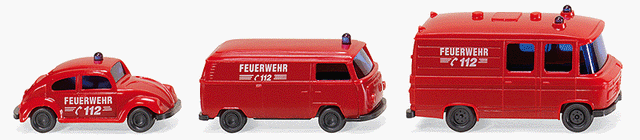 1970s Fire Service Vehicle Set -- Mercedes-Benz RTW, Volkswagen MTW Vans & VW Beetle Elf (red, German Lettring