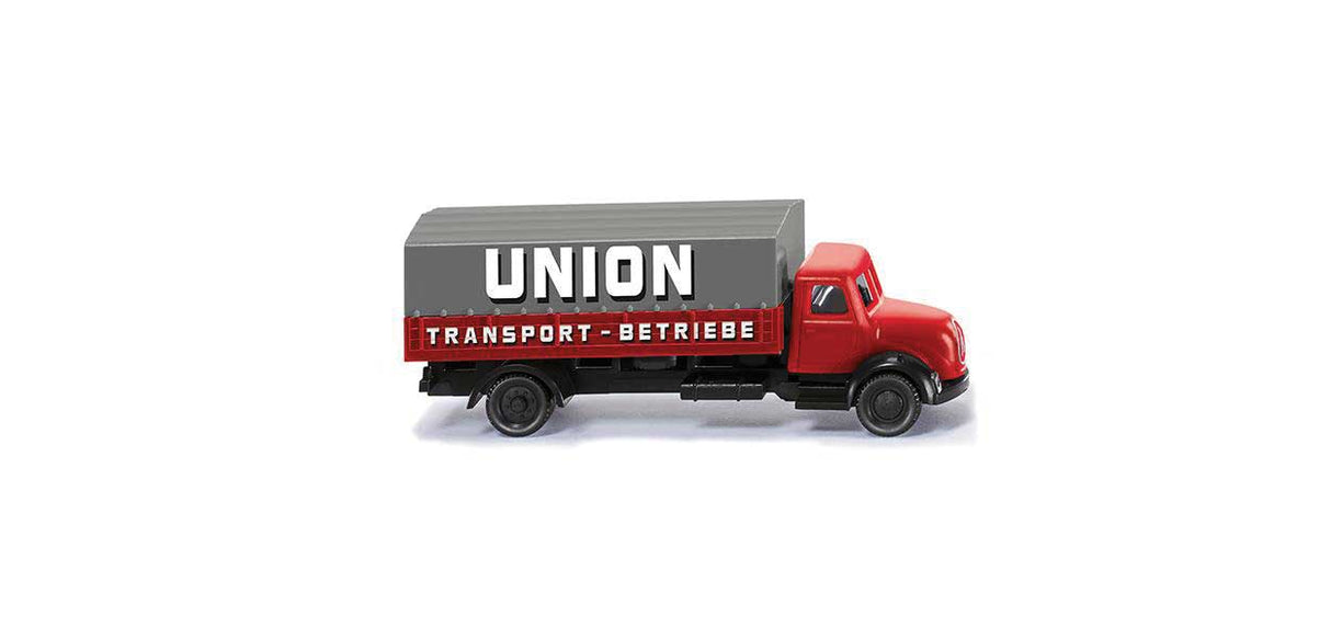 1958-1967 Magirus Low-Side Delivery Truck w/Tarp Cover - Assembled -- Union Transport (red, black, gray, German Lettering)