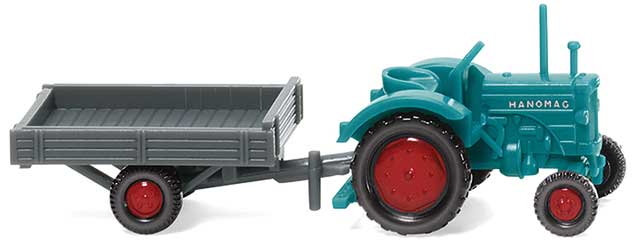 1953-1958 Hanomag R16 Farm Tractor with Single-Axle Trailer - Assembled -- Blue, Red with Gray Trailer