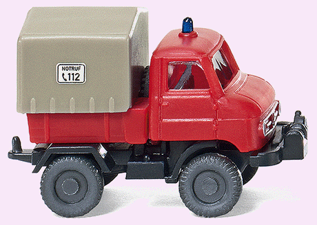 Unimog U 411 Delivery Truck - Assembled -- Fire Department (red, tan Bed Cover, German Lettering)